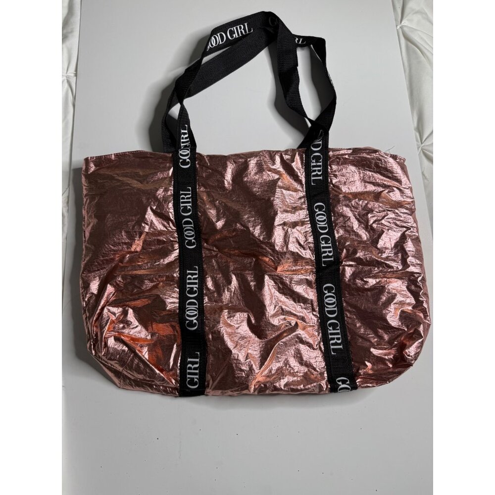 Carolina Herrera Good Girl Rose Gold Metallic Tote Bag With Black Straps & Inner